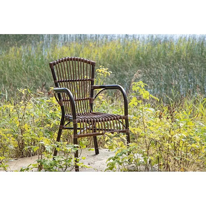 Ebuy24 Gartenstuhl Galera - Aluminum, Rattan, Braun, B x T x H: 55 x 63 x 90 cm - Ein dunkelbrauner Korbstuhl steht draußen zwischen grünen und gelben Pflanzen, mit Schilf im Hintergrund.