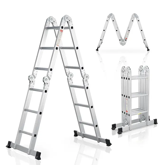 Juskys Doppelleiter Multifunktionsleiter - Anzahl Tritte: 16 Stk., Arbeitshöhe: 3,6 m, Belastbarkeit: 150 kg, Metall - Silberfarbene Aluminium-Gelenk-Mehrzweckleiter in A-Form, M-Form und zusammengeklappten Konfigurationen.