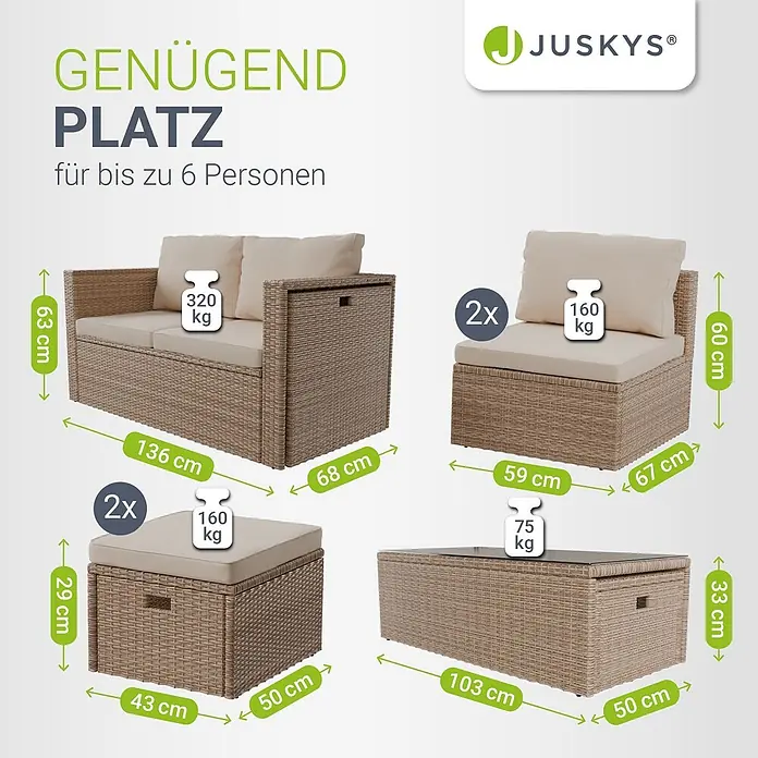 Juskys Loungemöbel-Set Salou - 6 -tlg., Möbel: Polyrattan, Stahl (pulverbeschichtet); Tischplatte: Gehärtetes Glas; Bezug: 100% Polyestergewebe 180 g/m², Farbe Möbel: CremeFarbe Polster: SandMax. Belastbarkeit: Bank 320 kg; Sessel/Hocker je 160 kg; Tisch 75 kg, Beige - Braunes Rattan-Gartenset mit beigen Kissen, bestehend aus einem 2-Sitzer Sofa, zwei Sesseln, zwei Hockern und einem Couchtisch, für bis zu 6 Personen.