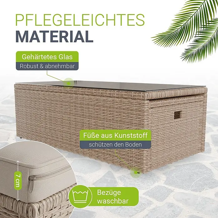 Juskys Loungemöbel-Set Salou - 6 -tlg., Möbel: Polyrattan, Stahl (pulverbeschichtet); Tischplatte: Gehärtetes Glas; Bezug: 100% Polyestergewebe 180 g/m², Farbe Möbel: CremeFarbe Polster: SandMax. Belastbarkeit: Bank 320 kg; Sessel/Hocker je 160 kg; Tisch 75 kg, Beige - Beigefarbene Rattan-Outdoor-Aufbewahrungsbox mit dunkler Glasplatte, Kunststofffüßen und waschbaren Kissenbezügen.