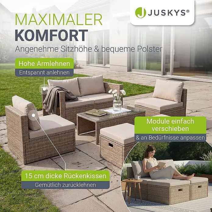 Juskys Loungemöbel-Set Salou - 6 -tlg., Möbel: Polyrattan, Stahl (pulverbeschichtet); Tischplatte: Gehärtetes Glas; Bezug: 100% Polyestergewebe 180 g/m², Farbe Möbel: CremeFarbe Polster: SandMax. Belastbarkeit: Bank 320 kg; Sessel/Hocker je 160 kg; Tisch 75 kg, Beige - Modulares Outdoor-Lounge-Set in Rattanoptik mit beigen Kissen, flexibel konfigurierbar für Gartenentspannung.