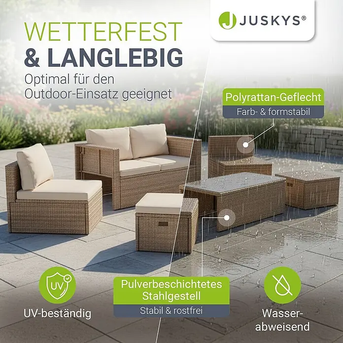 Juskys Loungemöbel-Set Salou - 6 -tlg., Möbel: Polyrattan, Stahl (pulverbeschichtet); Tischplatte: Gehärtetes Glas; Bezug: 100% Polyestergewebe 180 g/m², Farbe Möbel: CremeFarbe Polster: SandMax. Belastbarkeit: Bank 320 kg; Sessel/Hocker je 160 kg; Tisch 75 kg, Beige - Beiges Polyrattan Outdoor Lounge-Set mit Kissen, wetter-, UV- und wasserabweisend.