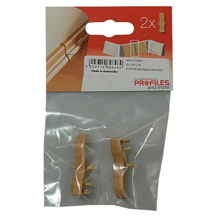 Profiles and more Übergangskappe SU18/FU18 - Birne golden, 2 Stk. - Packung mit zwei Holzleistenclips zur Befestigung von Fußleisten. Einfache Montage für ein sauberes Erscheinungsbild.
