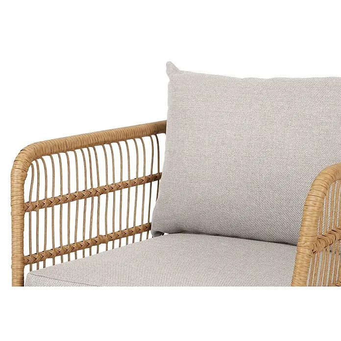 Ebuy24 Gartensessel Nina 2er-Set - 2 Stk., Metall, Polyrattan, Polyester, Beige, B x T x H: 68 x 72 x 65 cm - Rattan-Sessel mit hellgrauen Stoffkissen.
