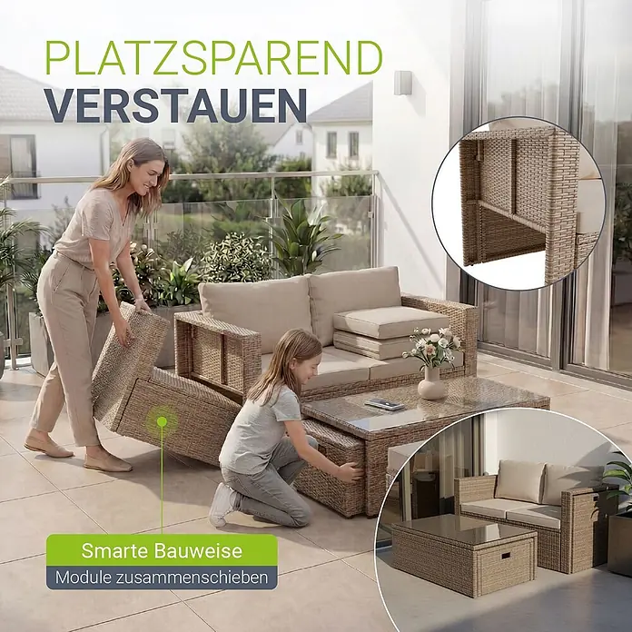 Juskys Loungemöbel-Set Salou - 6 -tlg., Möbel: Polyrattan, Stahl (pulverbeschichtet); Tischplatte: Gehärtetes Glas; Bezug: 100% Polyestergewebe 180 g/m², Farbe Möbel: CremeFarbe Polster: SandMax. Belastbarkeit: Bank 320 kg; Sessel/Hocker je 160 kg; Tisch 75 kg, Beige - Braunes modulares Outdoor-Rattanset, kompakt auf einer Terrasse verstaut, mit Sofa, Stühlen und Couchtisch.