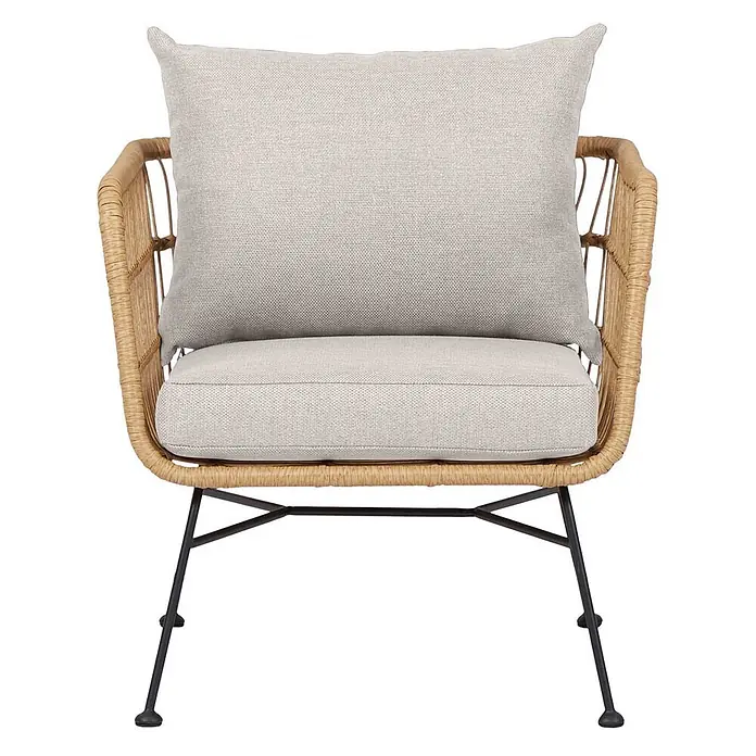 Ebuy24 Gartensessel Nina 2er-Set - 2 Stk., Metall, Polyrattan, Polyester, Beige, B x T x H: 68 x 72 x 65 cm - Geflochtener Rattan-Sessel mit hellgrauen Stoffkissen und schwarzen Metallbeinen.
