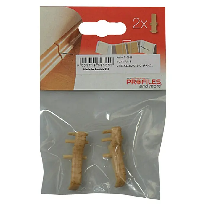 Profiles and more Übergangskappe SU18/FU18 - Buche gedämpft, 2 Stk. - Verpackung mit zwei Holzprofilen, die für eine saubere und professionelle Installation von Bodenleisten konzipiert sind.