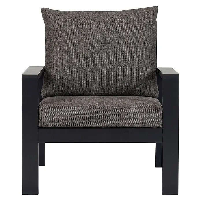 Ebuy24 Gartensessel Lis - 1 Stk., Aluminium Polyester, Grau, B x T x H: 78 x 81 x 79 cm - Dunkelgrauer Outdoor-Sessel mit schlankem Metallrahmen und dicken Stoffpolstern.
