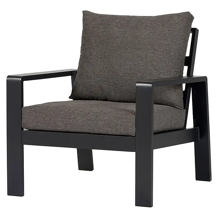 Ebuy24 Gartensessel Lis - 1 Stk., Aluminium Polyester, Grau, B x T x H: 78 x 81 x 79 cm - Moderner dunkelgrauer Sessel mit anthrazitfarbenen Stoffkissen und dunklem Metallrahmen.