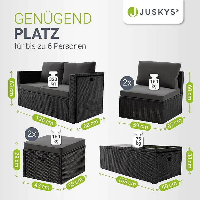 Juskys Loungemöbel-Set Salou - 6 -tlg., Möbel: Polyrattan, Stahl (pulverbeschichtet); Tischplatte: Gehärtetes Glas; Bezug: 100% Polyestergewebe 180 g/m², Farbe Möbel: SchwarzFarbe Polster: GrauMax. Belastbarkeit: Bank 320 kg; Sessel/Hocker je 160 kg; Tisch 75 kg, Schwarz - Schwarze Rattan-Gartenlounge-Sitzgruppe mit grauen Kissen, zeigt Maße und Belastbarkeiten von Sofa, Stühlen, Hocker und Tisch.