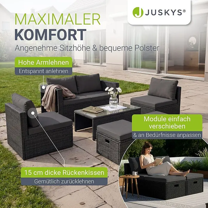 Juskys Loungemöbel-Set Salou - 6 -tlg., Möbel: Polyrattan, Stahl (pulverbeschichtet); Tischplatte: Gehärtetes Glas; Bezug: 100% Polyestergewebe 180 g/m², Farbe Möbel: SchwarzFarbe Polster: GrauMax. Belastbarkeit: Bank 320 kg; Sessel/Hocker je 160 kg; Tisch 75 kg, Schwarz - Dunkelgraue modulare Rattan-Gartenlounge mit dicken Kissen, im Garten mit entspannter Person.