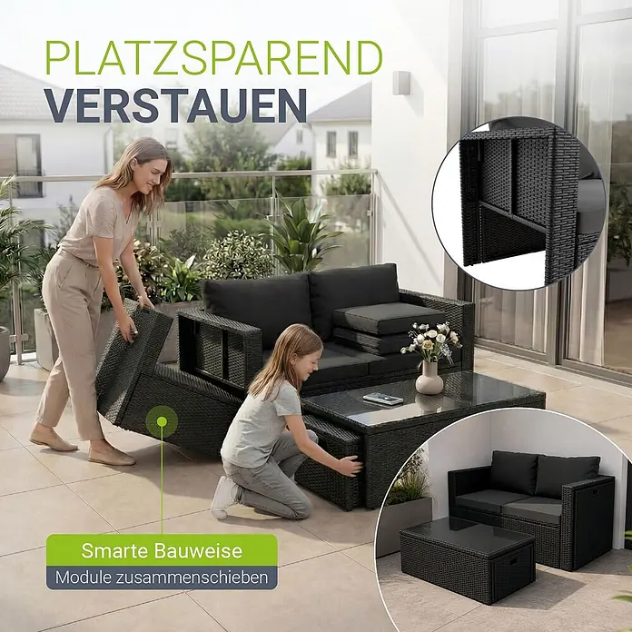 Juskys Loungemöbel-Set Salou - 6 -tlg., Möbel: Polyrattan, Stahl (pulverbeschichtet); Tischplatte: Gehärtetes Glas; Bezug: 100% Polyestergewebe 180 g/m², Farbe Möbel: SchwarzFarbe Polster: GrauMax. Belastbarkeit: Bank 320 kg; Sessel/Hocker je 160 kg; Tisch 75 kg, Schwarz - Dunkles Rattan-Loungeset, Sofa und Tisch zur platzsparenden Aufbewahrung ineinander verschiebbar.
