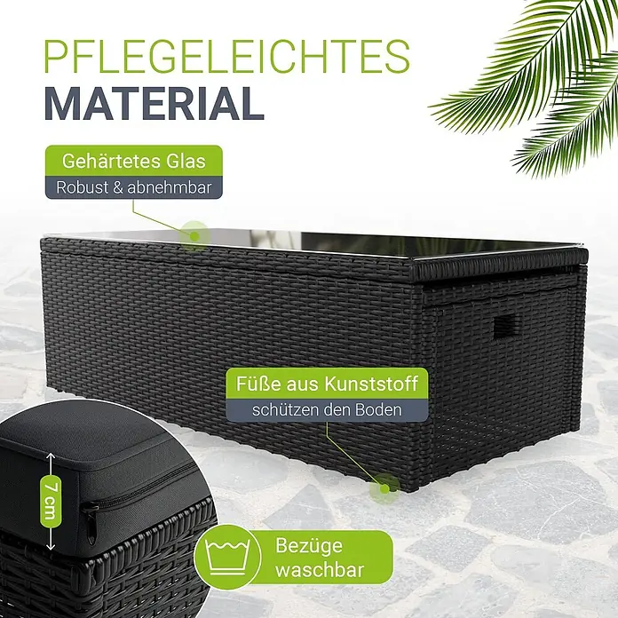 Juskys Loungemöbel-Set Salou - 6 -tlg., Möbel: Polyrattan, Stahl (pulverbeschichtet); Tischplatte: Gehärtetes Glas; Bezug: 100% Polyestergewebe 180 g/m², Farbe Möbel: SchwarzFarbe Polster: GrauMax. Belastbarkeit: Bank 320 kg; Sessel/Hocker je 160 kg; Tisch 75 kg, Schwarz - Dunkler Rattan-Garten-Couchtisch mit gehärteter Glasplatte und Kunststofffüßen. Bezüge sind waschbar.