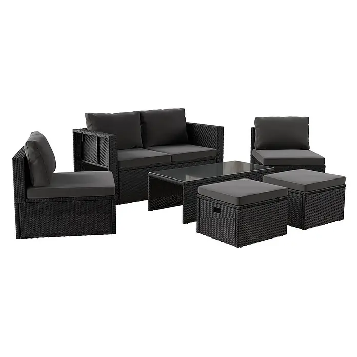 Juskys Loungemöbel-Set Salou - 6 -tlg., Möbel: Polyrattan, Stahl (pulverbeschichtet); Tischplatte: Gehärtetes Glas; Bezug: 100% Polyestergewebe 180 g/m², Farbe Möbel: SchwarzFarbe Polster: GrauMax. Belastbarkeit: Bank 320 kg; Sessel/Hocker je 160 kg; Tisch 75 kg, Schwarz - Ein 6-teiliges Gartenmöbel-Set aus schwarzem Polyrattan mit dunkelgrauen Kissen, bestehend aus einem 2-Sitzer-Sofa, 2 Stühlen, Couchtisch und 2 Hockern.