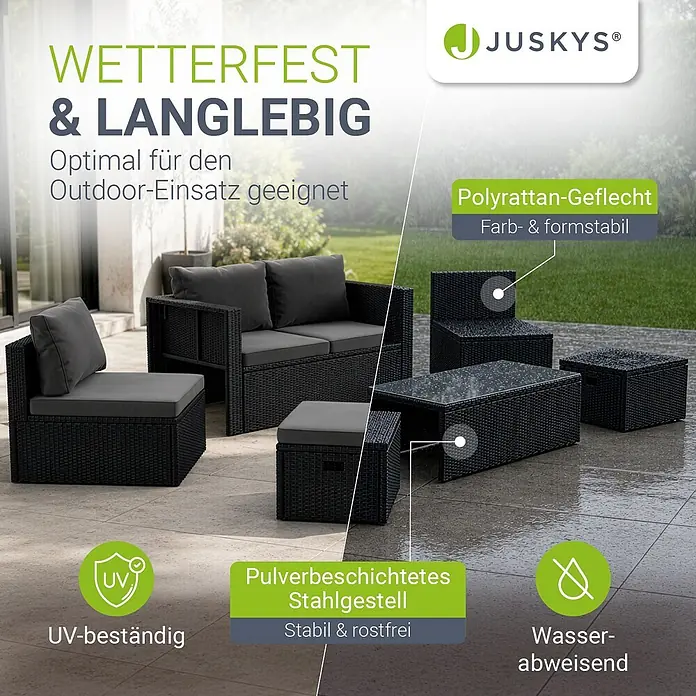 Juskys Loungemöbel-Set Salou - 6 -tlg., Möbel: Polyrattan, Stahl (pulverbeschichtet); Tischplatte: Gehärtetes Glas; Bezug: 100% Polyestergewebe 180 g/m², Farbe Möbel: SchwarzFarbe Polster: GrauMax. Belastbarkeit: Bank 320 kg; Sessel/Hocker je 160 kg; Tisch 75 kg, Schwarz - Dunkle Polyrattan Outdoor-Lounge-Garnitur mit grauen Kissen, wetterfest und langlebig.