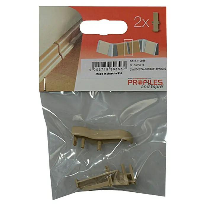 Profiles and more Übergangskappe SU18/FU18 - Ahorn, 2 Stk. - Eine Packung mit zwei beigen "Profiles and more" Eckverbindern für Fußleisten, verpackt in einer Plastiktüte.