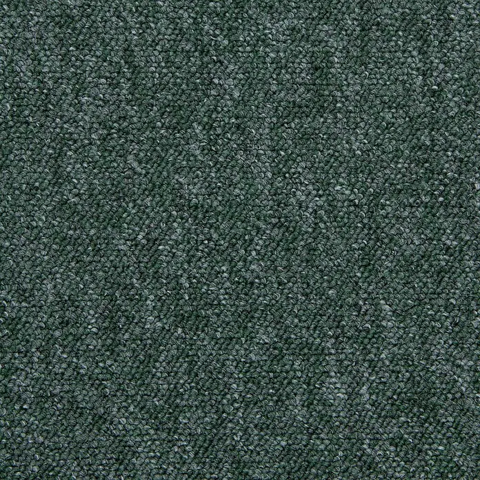 Bricoflor Teppichfliese - Breite: 50 cm, Schlinge, Polypropylen, grün - Nahaufnahme eines dunkelgrünen, texturierten Teppichs mit gesprenkelten grauen Fasern, der eine strapazierfähige Schlingenoberfläche zeigt.