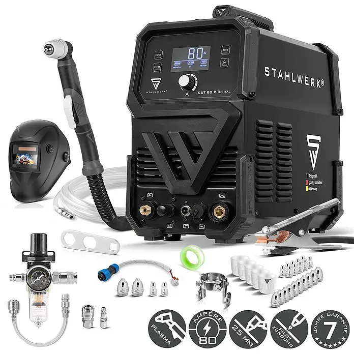 STAHLWERK Plasmaschneider Plasmaschneider CUT 80 P Digital Vollausstattung 80 A HF-Pilotzündung - Schweißstrom: 80 A, 400 V - Schwarzes STAHLWERK CUT 80 P Digital Plasmaschneidgerät mit 80A Anzeige, Brenner, Helm und Zubehör.