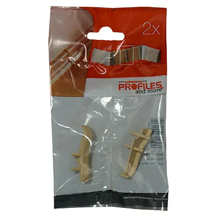 Profiles and more Übergangskappe SU18/FU18 - Apfel, 2 Stk. - Produktabbildung einer Verpackung mit zwei Holzprodukten, möglicherweise Möbelbeschläge, von "Profiles and more".