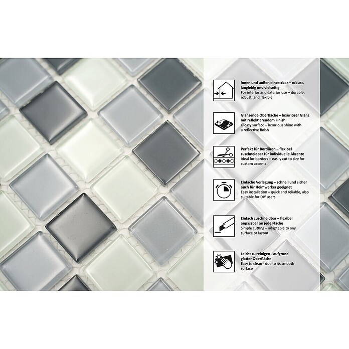 Mosaikfliese Quadrat Crystal Mix CM 4125 (32,7 x 30,2 cm, Grau, Glänzend)