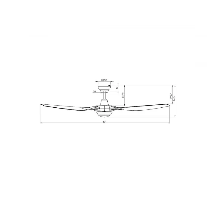 Vam Deckenventilator Outdoor Deckenventilator PATIO bronze mit Leuchte - bronze, 1.320 mm, 60 W - Technische Zeichnung eines 60-Zoll-Deckenventilators mit drei Flügeln und Abmessungen.