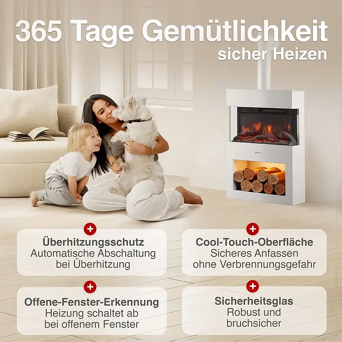Elektrischer Kamin KAMINIO Henri mit Ofenrohr - 21,7 x 48 x 115 cm, Weiß - Weißer Elektrokamin im Wohnzimmer, von einer Familie genutzt, mit Cool-Touch-Oberfläche und Überhitzungsschutz.