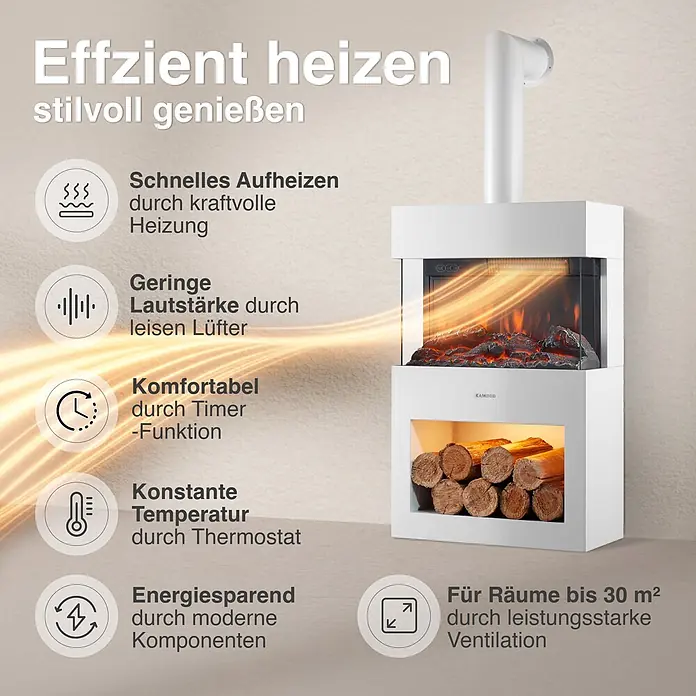 Elektrischer Kamin KAMINIO Henri mit Ofenrohr - 21,7 x 48 x 115 cm, Weiß - Weißer Elektrokamin mit Flammeneffekt und Holzscheitablage, listet Funktionen wie effizientes Heizen, Timer und Thermostat auf.