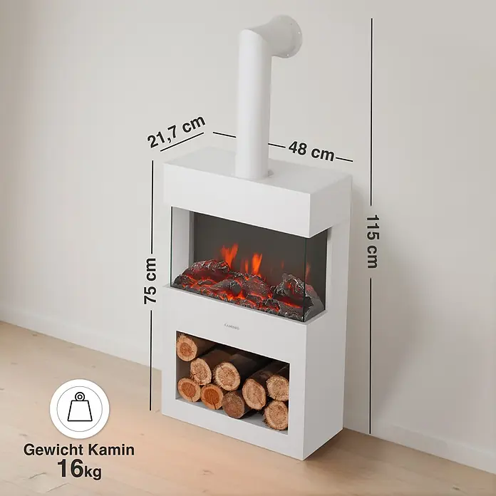 Elektrischer Kamin KAMINIO Henri mit Ofenrohr - 21,7 x 48 x 115 cm, Weiß - Weißer freistehender Elektrokamin mit Schornsteinrohr, realistischem Feuereffekt und Holzlagerfach. Maße und Gewicht sind angegeben.