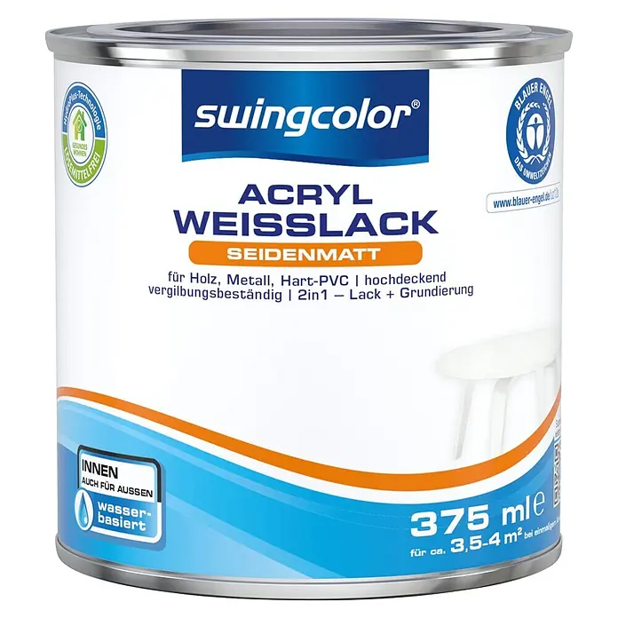 swingcolor Weißlack Acryl - Weiß, Seidenmatt, 375 ml, Wasserbasiert - Eine 375ml Dose swingcolor Acryl Weißlack seidenmatt, wasserbasiert für Holz, Metall & PVC, innen/außen.