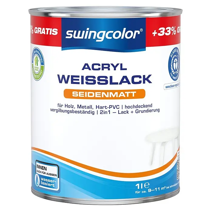 swingcolor Weißlack Acryl - Weiß, Seidenmatt, 1 l, Wasserbasiert - Eine 1-Liter-Dose Swingcolor Acryl-Weißlack seidenmatt, für Holz, Metall, Hart-PVC, 2in1 Lack und Grundierung.