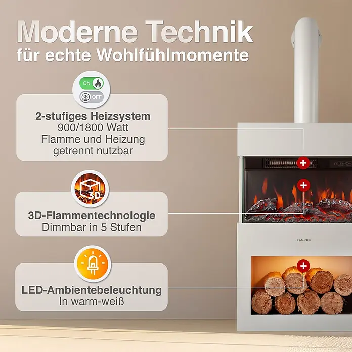 Elektrischer Kamin KAMINIO Henri mit Ofenrohr - 21,7 x 48 x 115 cm, Weiß - Weißer Elektrokamin mit realistischen 3D-Flammen, zwei Heizstufen und warmweißer LED-Ambientebeleuchtung.