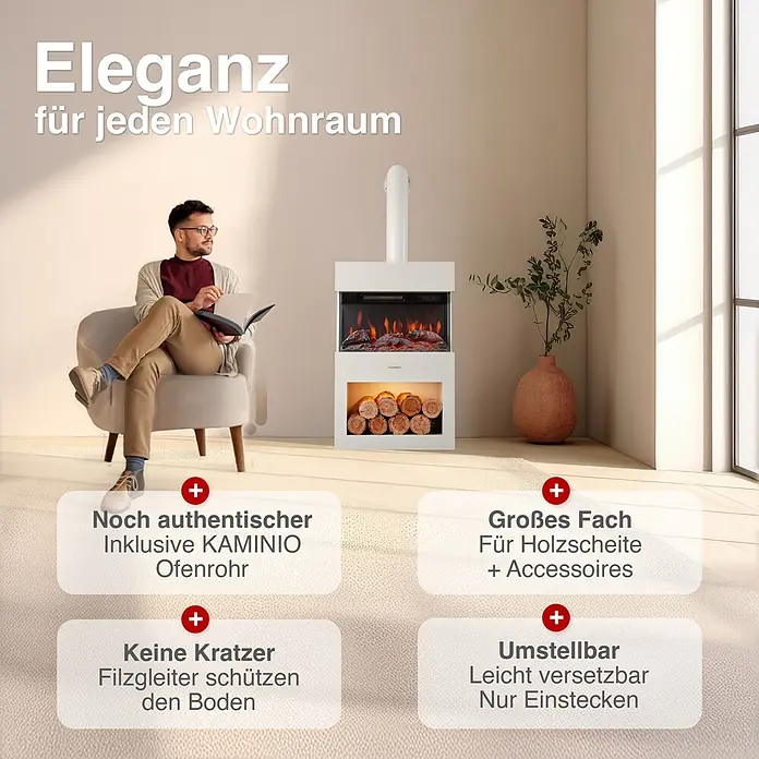 Elektrischer Kamin KAMINIO Henri mit Ofenrohr - 21,7 x 48 x 115 cm, Weiß - Weißer Elektrokamin mit Schornstein, in modernem Wohnzimmer mit lesendem Mann.