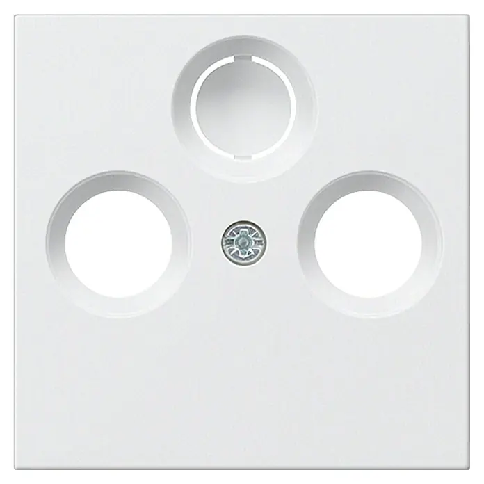 Gira System 55 Antennenabdeckung 086903 - Reinweiß glänzend, Kunststoff, Unterputzmontage - Weiße Steckdosenabdeckung mit drei runden Aussparungen und einer Schraube in der Mitte.