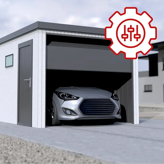 Garagen nach Maß - Konfigurierbar - Ein weißer Garage mit teilweise offenem dunkelgrauem Tor und einem silbernen Auto. Ein rotes Zahnrad-Symbol mit Reglern deutet auf anpassbare Einstellungen hin.