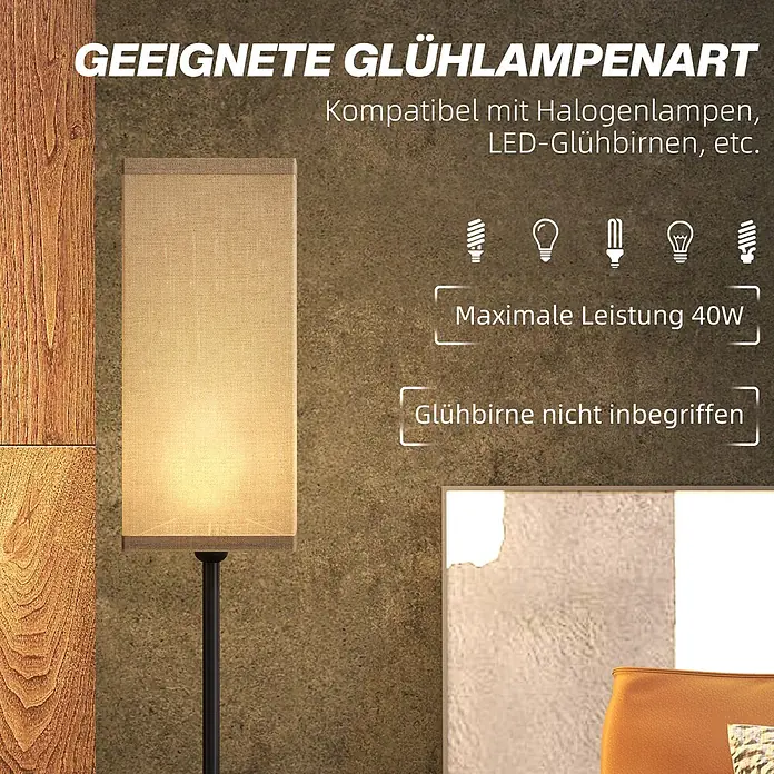 Homcom Stehleuchte - 40 W, Höhe: 161,5 cm, Schwarz, Weiß, E27 - Eine rechteckige Stehlampe mit beigem Stoffschirm beleuchtet einen Raum mit warmem Licht, neben Holzvertäfelung.