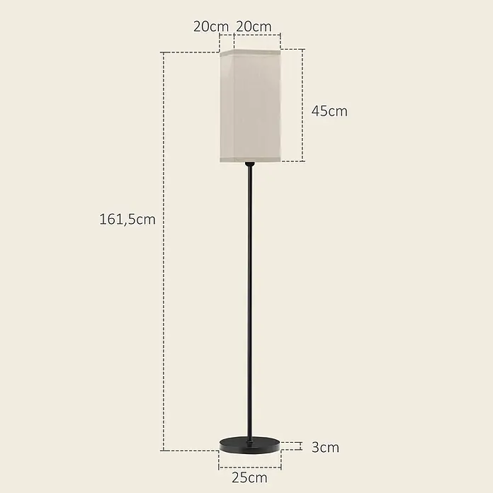 Homcom Stehleuchte - 40 W, Höhe: 161,5 cm, Schwarz, Weiß, E27 - Eine moderne Stehlampe mit rechteckigem, hellem Stoffschirm und schwarzem Metallständer, mit Maßen.