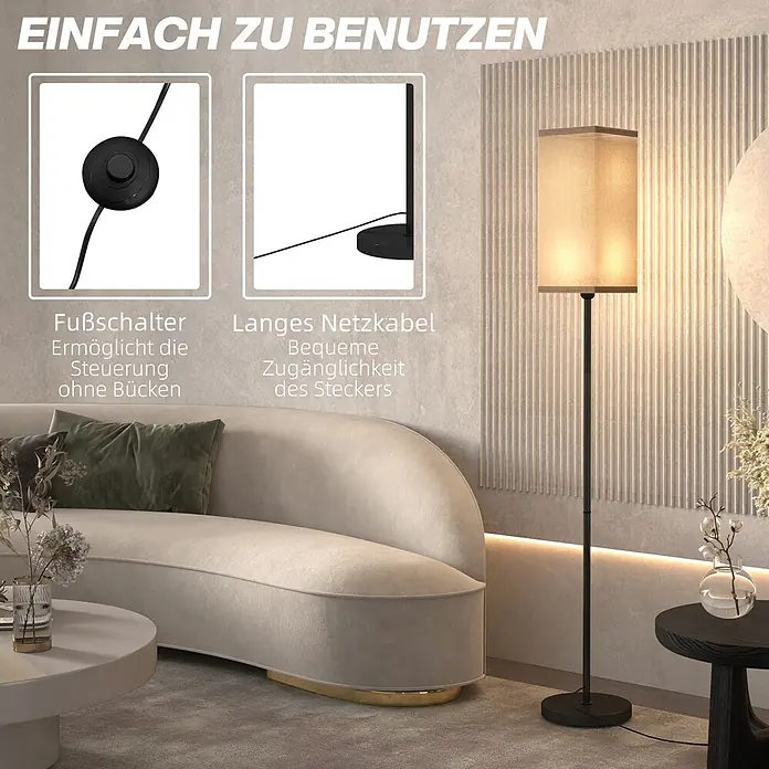 Homcom Stehleuchte - 40 W, Höhe: 161,5 cm, Schwarz, Weiß, E27 - Stehleuchte mit Stoffschirm, die ihren Fußschalter und ein langes Netzkabel für einfache und bequeme Bedienung hervorhebt.