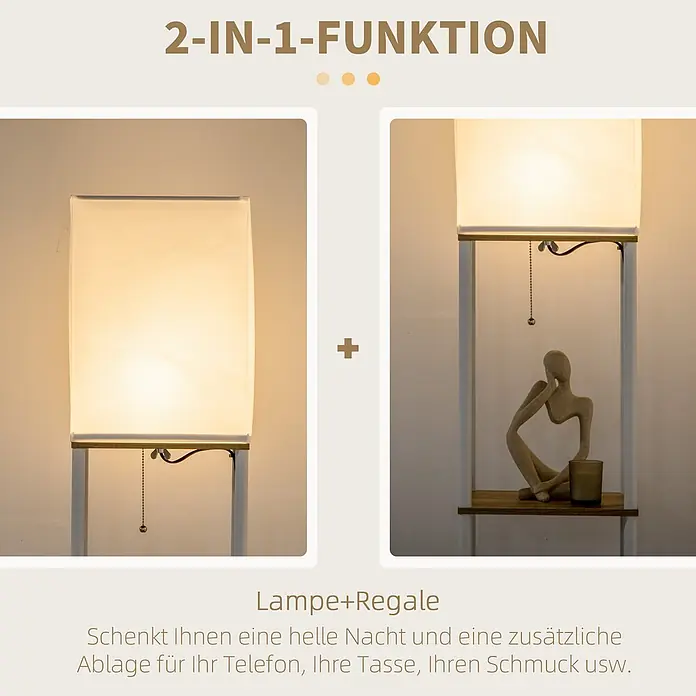 Homcom Stehleuchte - 40 W, Höhe: 159 cm, Weiß, Weiß, E27 - Weiße Stehlampe mit Stoffschirm und integriertem Regal aus hellem Holz, die ihre 2-in-1-Funktion als Beleuchtung und Ablage zeigt.