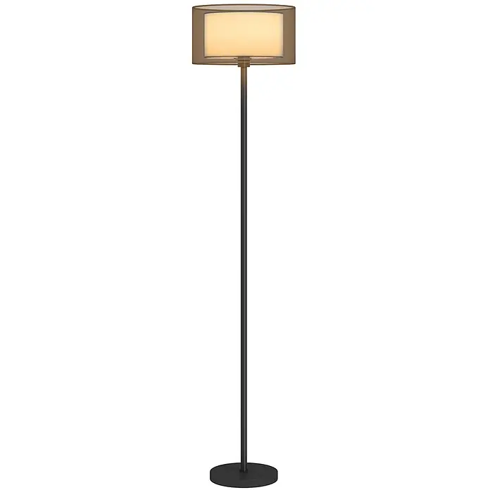 Homcom Stehleuchte - 40 W, Höhe: 152,5 cm, Schwarz, Schwarz, Weiß, E27 - Stehlampe mit dunklem Gestell und Basis, zylindrischem Schirm mit beigem Stoff innen und durchscheinender brauner Außenschicht, beleuchtet.