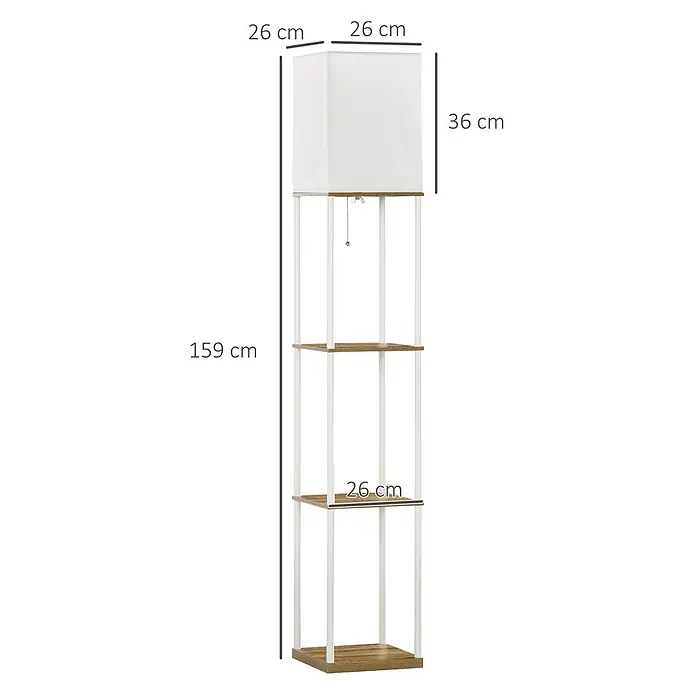 Homcom Stehleuchte - 40 W, Höhe: 159 cm, Weiß, Weiß, E27 - Stehlampe mit weißem quadratischem Stoffschirm, weißem Rahmen und drei Holzoptik-Ablagen. Maße: 159x26x26 cm.