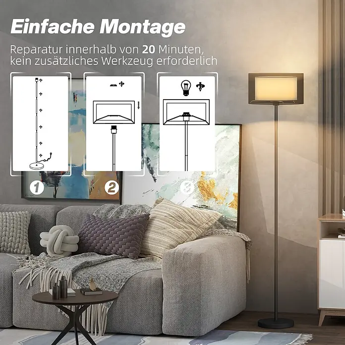 Homcom Stehleuchte - 40 W, Höhe: 152,5 cm, Schwarz, Schwarz, Weiß, E27 - Schwarze Stehlampe mit rechteckigem Schirm in einem modernen Wohnzimmer, mit einfacher Montageanleitung.