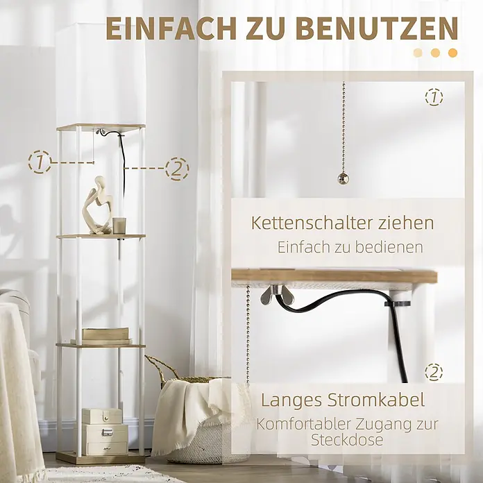 Homcom Stehleuchte - 40 W, Höhe: 159 cm, Weiß, Weiß, E27 - Stehlampe mit Regalen, ausgestattet mit einem einfach zu bedienen Zugschalter und langem Stromkabel für flexible Platzierung.