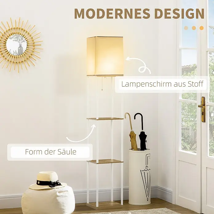 Homcom Stehleuchte - 40 W, Höhe: 159 cm, Weiß, Weiß, E27 - Stehlampe mit Stoffschirm und Holzregalen, kombiniert mit einem weißen Schirmständer für den Eingangsbereich.