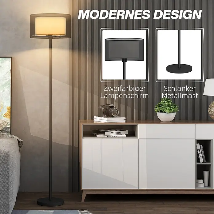 Homcom Stehleuchte - 40 W, Höhe: 152,5 cm, Schwarz, Schwarz, Weiß, E27 - Moderne Stehlampe mit schlankem schwarzen Metallmast und zweifarbigem Schirm, beleuchtet ein Wohnzimmer.
