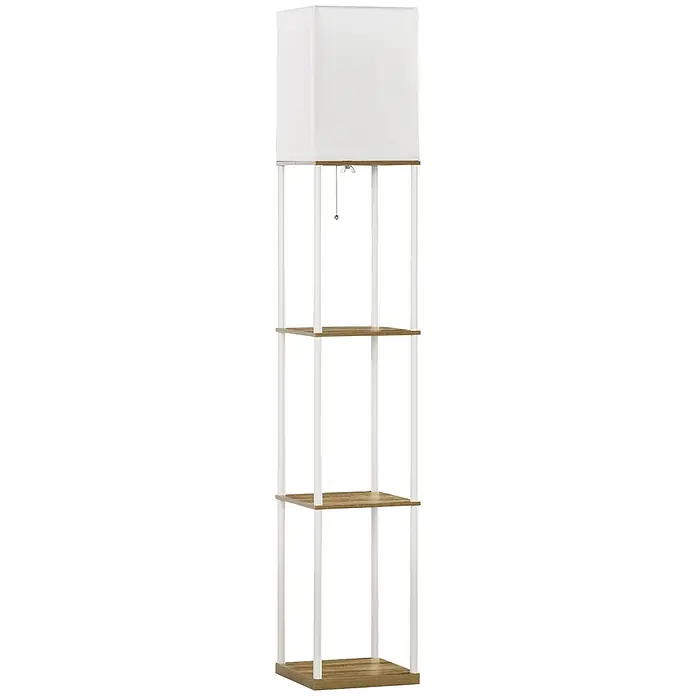 Homcom Stehleuchte - 40 W, Höhe: 159 cm, Weiß, Weiß, E27 - Hohe weiße Stehlampe mit quadratischem Stoffschirm und integrierten hellbraunen Holzablagen auf weißen Stangen.