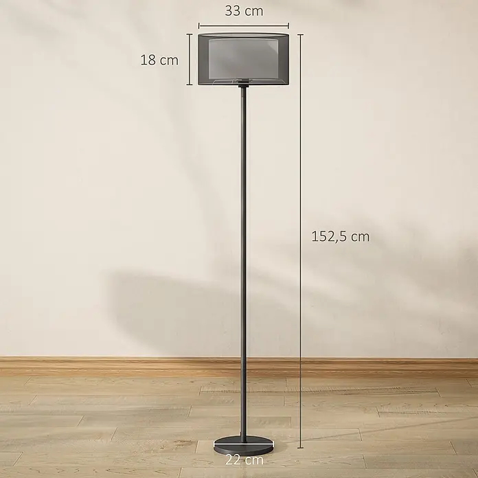 Homcom Stehleuchte - 40 W, Höhe: 152,5 cm, Schwarz, Schwarz, Weiß, E27 - Schwarze Stehlampe mit grauem Stoffschirm, 152,5 cm hoch. Schirm 33x18 cm, Fuß Ø 22 cm.