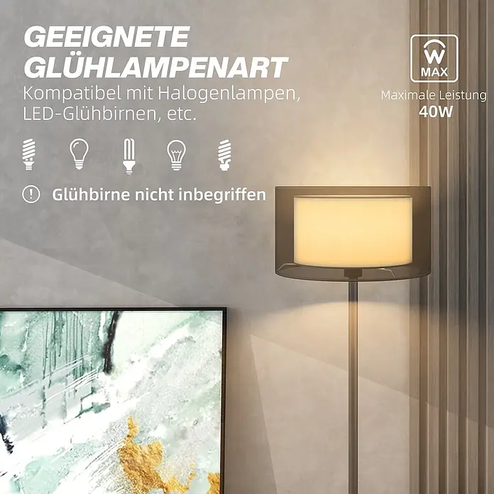Homcom Stehleuchte - 40 W, Höhe: 152,5 cm, Schwarz, Schwarz, Weiß, E27 - Stehleuchte mit leuchtendem Schirm, zeigt Text zu max. 40W Leistung, Leuchtmittel-Kompatibilität (Halogen, LED) und dass Leuchtmittel nicht enthalten ist.