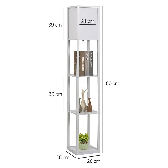 Homcom Stehleuchte - 40 W, Höhe: 160 cm, Weiß, Weiß, E27 - Weißes, hohes, quadratisches Standregal mit drei offenen Ablagen und einem geschlossenen Top-Fach, ideal für Bücher und Deko.
