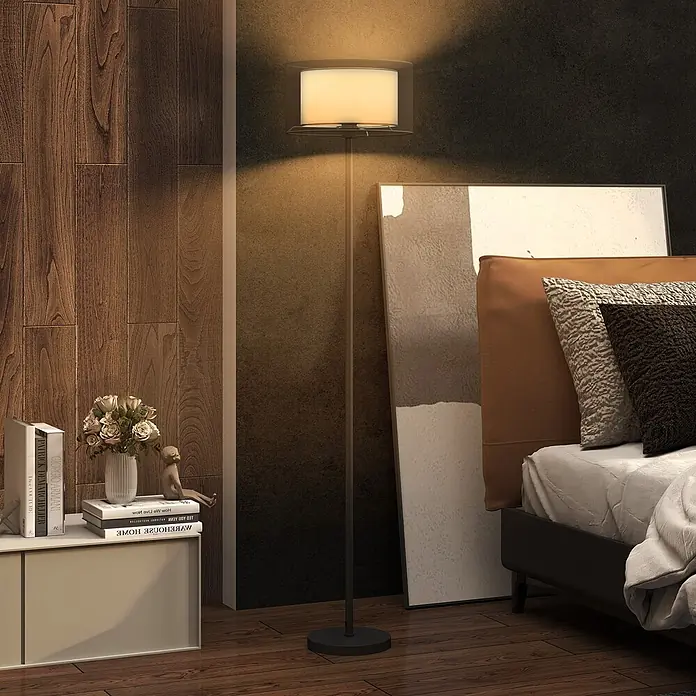 Homcom Stehleuchte - 40 W, Höhe: 152,5 cm, Schwarz, Schwarz, Weiß, E27 - Schwarze Stehlampe mit zylindrischem Schirm, der warmes Licht in einem modernen Schlafzimmer abgibt.
