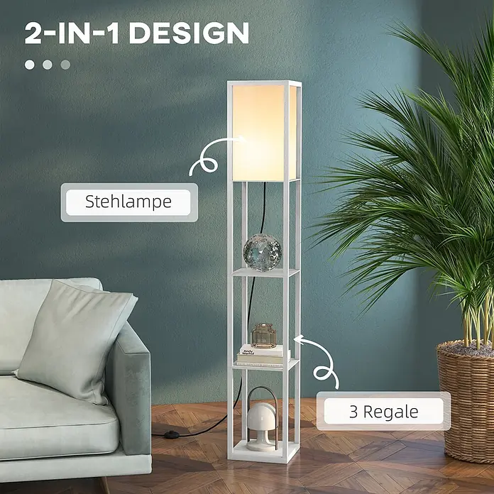 Homcom Stehleuchte - 40 W, Höhe: 160 cm, Weiß, Weiß, E27 - Weiße 2-in-1 Stehlampe mit 3 Regalen, beleuchtet den Raum und bietet Stauraum für Deko.